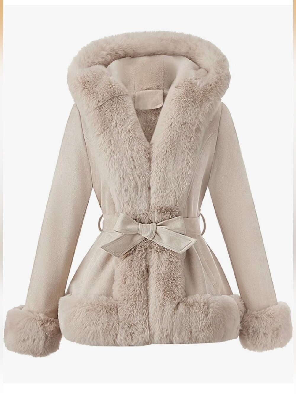 Women's Faux Fur Trim Hooded Coat - Beige